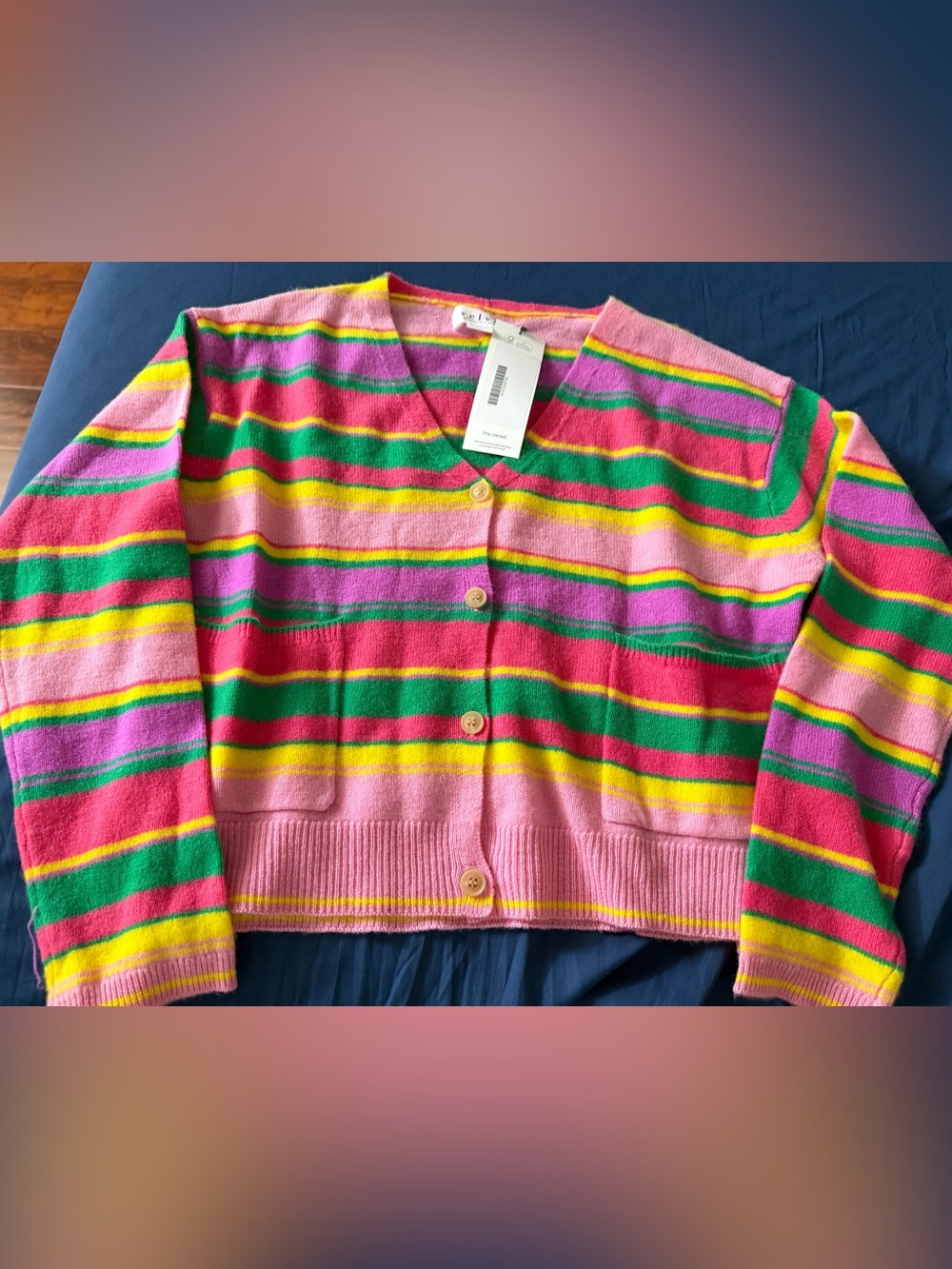 Velvet by Graham & Spencer Striped V-Neck Cardigan in Pink, Green & Yellow - Picture 10 of 10